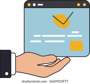 Ilustración vectorial de una mano que sostiene una interfaz de Sitio web con una marca de verificación. Ideal para los conceptos de negocio, Aprobación, seguridad o servicio en línea.