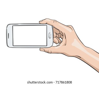 Ilustración vectorial de la mano sosteniendo la pantalla en blanco del smartphone, Ilustración en el estilo de esbozo aislado en fondo blanco