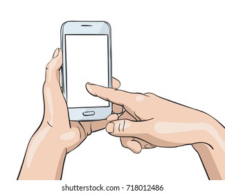 Vektorgrafik von Hand, die ein weißes Smartphone und einen mit dem Finger drückenden leeren Bildschirm hält, Illustration im Skizzenstil einzeln auf weißem Hintergrund