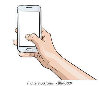 Vector illustration of hand holding white smartphone and thumb pressing blank screen, Illustration in sketch style isolated on white background