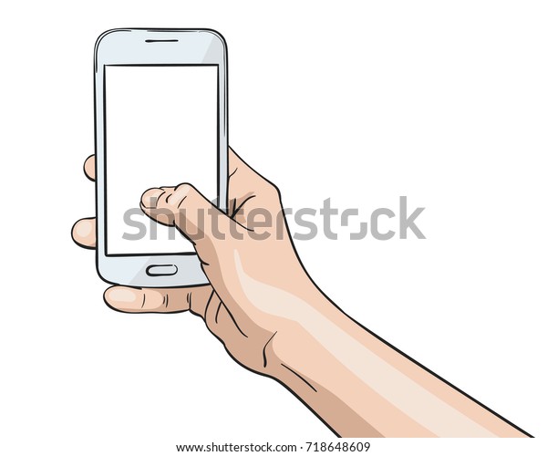白いスマートフォンを持つ手と白いスクリーンを親指で押すイラスト 白い背景にスケッチスタイルのイラスト のベクター画像素材 ロイヤリティフリー