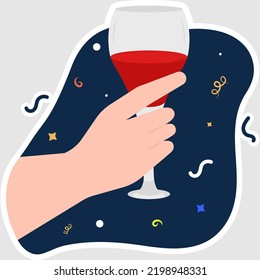 Ilustración Vectorial De La Pegatina De Vidrio De Mano En Fondo De Confetti Azul.