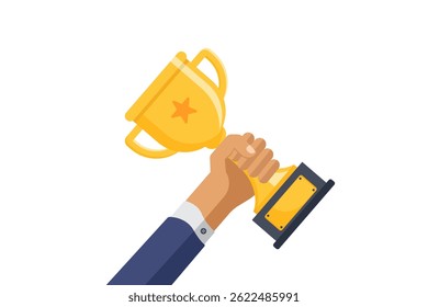 Ilustración vectorial de la mano sosteniendo un trofeo del ganador que simboliza el éxito y el logro