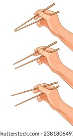 Vector illustration of hand holding wooden chopsticks of different sizes,adjustable to 3 levels of chopstick width,isolated on white.Eating culture, important utensils on the Asian table.