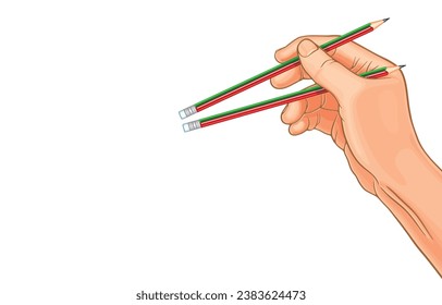 Vector illustration of hand holding wooden pencil with eraser side down to practice instead of holding chopsticks,isolated on white.Asian eating culture,Creativity,Applied instead of chopsticks.