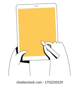 Vector illustration of hand holding and writing on tablet computer. Minimal flat linear style illustration. 