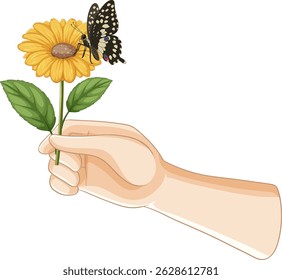 Vector illustration of a hand holding a yellow flower with a butterfly perched on it. Simple, clean composition with vibrant colors