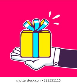 Vector illustration of hand holding yellow gift box with blue ribbon on red background. Hand draw line art design for web, site, advertising, banner, poster, board and print. 