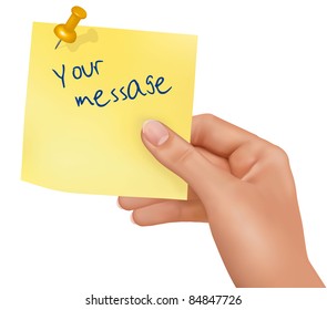 Vector illustration of a hand holding a yellow sticker.