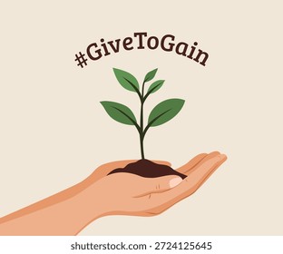 Vektorgrafik einer Hand, die jungen Sämling mit Erde hält, Symbol für Umweltschutz. GiveToGain Hashtag betont die Idee des ​nachhaltigen Gebens​ Empfangens. Minimalistisches Ökodesign