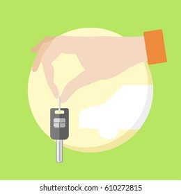 Vector illustration of Hand holds Car key remote control with space for text In silhouette of a car in flat style