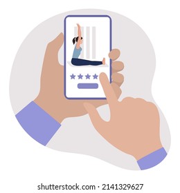 Vector illustration Hand holds the cell phone. Rating a sports application. Online customer satisfaction. Feedback concept. Service quality assessment.