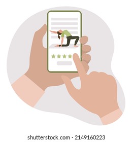 Vector illustration Hand holds the cell phone. Rating a sports application. Online customer satisfaction. Feedback concept. Service quality assessment.