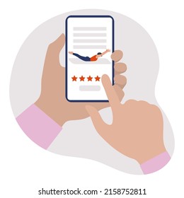 Vector illustration Hand holds the cell phone. Rating a sports application. Online customer satisfaction. Feedback concept. Service quality assessment.