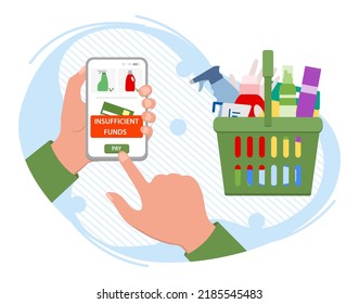 Ilustración vectorial Hand mantiene el teléfono móvil con mensaje de aplicación fondos insuficientes para pagar el pedido en línea de artículos de limpieza domésticos. Reducción del poder adquisitivo. Problemas financieros. Crisis monetaria. Inflación