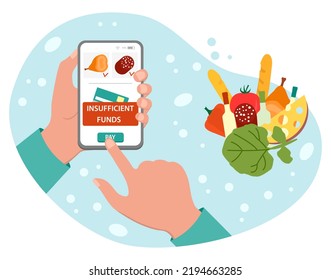 Ilustración vectorial Hand mantiene el teléfono celular con mensaje de aplicación fondos insuficientes para pagar el orden de comida. Reducción del poder adquisitivo. Problemas financieros. Crisis monetaria. Inflación. Tienda de compras en línea