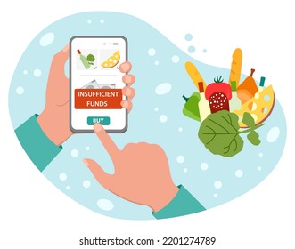 Ilustración vectorial Hand mantiene el teléfono celular con mensaje de aplicación fondos insuficientes para pagar el orden de comida. Reducción del poder adquisitivo. Problemas financieros. Crisis monetaria. Inflación. Tienda de compras en línea