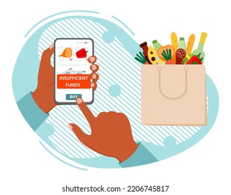 Ilustración vectorial Hand mantiene el teléfono celular con mensaje de aplicación fondos insuficientes para pagar el orden de comida. Reducción del poder adquisitivo. Problemas financieros. Crisis monetaria. Inflación. Tienda de compras en línea