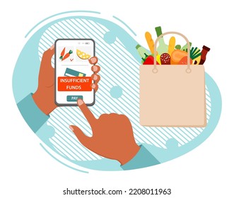 Ilustración vectorial Hand mantiene el teléfono celular con mensaje de aplicación fondos insuficientes para pagar el orden de comida. Reducción del poder adquisitivo. Problemas financieros. Crisis monetaria. Inflación. Tienda de compras en línea