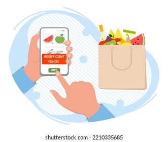 Vektor Illustration Hand hält Handy mit App-Nachricht unzureichend Mittel für die Bestellung von Nahrungsmitteln. Geringere Kaufkraft. Finanzielle Probleme. Geldkrise. Inflation. Online-Lebensmittelgeschäft