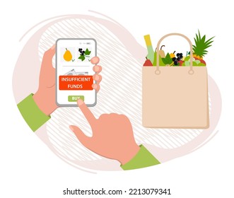 Ilustración vectorial Hand mantiene el teléfono celular con mensaje de aplicación fondos insuficientes para pagar el orden de comida. Reducción del poder adquisitivo. Problemas financieros. Crisis monetaria. Inflación. Tienda de compras en línea