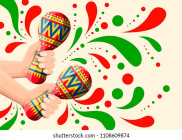 Vektorgrafik der Hand hält bunte Maracas. Maracas flach Symbol. mexikanischer Maraca-Cartoon-Stil. Vektorgrafik auf beigem Hintergrund. Website-Seite und Mobile App Design.