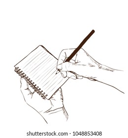 Vector illustration.One hand holds a note. On the other hand, holding a pencil is taking notes.On isolated white bacground.Education concept.