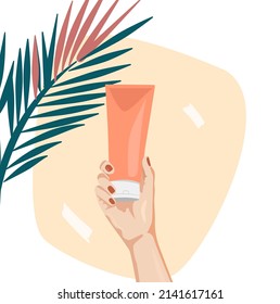 Vector illustration hand holds a tube with cream, cosmetic mask, against the background of tropical leaves. Suitable for sleeping salons, beauty industry, red salon. Skin care routine. Natural eco 