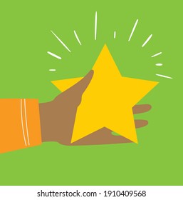 vector illustration of hand holds the yellow star in the simple flat style
