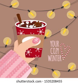 Vector Illustration of Hand with Hot Chocolate in Flat Cartoon Style. Greeting Card with Hot Chocolate, Coffee, Cocoa with Marshmallow, Cinnamon and Chocolate Chips. Design for Christmas, New Year
