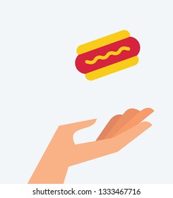 Vector illustration of a hand and hot dog. Food and Eating Concept. Feeding and Helping Design