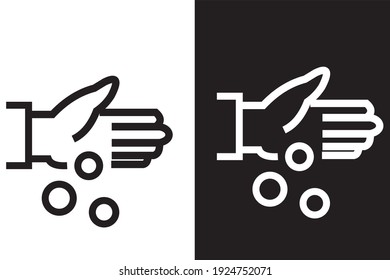 Vector illustration of hand icon scattering a few coins to be precise three icons in black and white line drawing style. 6000x4000 pixel perfect.