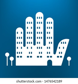 Vector illustration. Hand icon in white as a building. Community symbol.