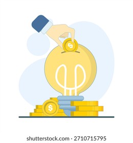 Ilustração vetorial de uma mão inserindo uma moeda em uma caixa de poupança de lâmpadas, representando a ideia de ​​investimento, desenvolvimento de inovação e planejamento financeiro inteligente para visuais de negócios.