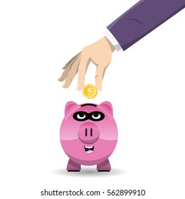 Vector illustration of a hand inserting a gold coin into a thieving piggy bank.