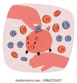 Vector illustration of Hand inserts a coin into the piggy bank. Coin arround