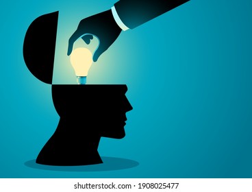 Vector illustration of hand installing light bulb on human head