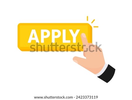 Vector illustration of a hand interacting with an Apply button, symbolizing the action of submitting an application or request online