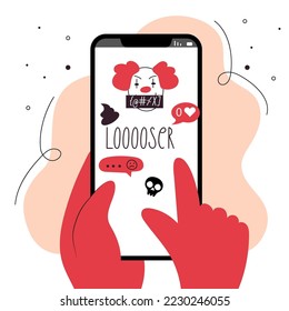 Vector illustration with hand keep phone, in messenger, chatting get not good messege, dislike, hurtful words. STOP cyberbullying, network abuse, internet problem and discrimination. 