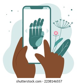 Vector illustration with hand keep phone and choose bionic hand, titanium arm, implant or prosthesis.