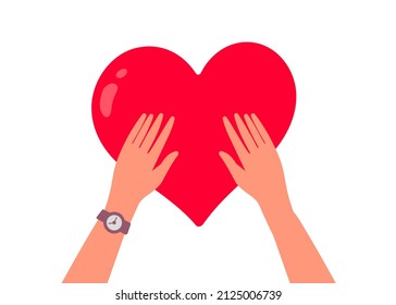 Vector illustration of hand keep red shape heart on white color background. Kindness donation and charity concept with heart. Flat style romantic design with sharing love for Valentine's Day greetings