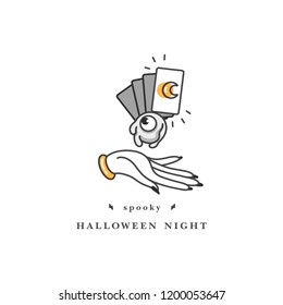 Vector illustration with hand keeping human eyeball. Happy Halloween party celebration. Witch magic