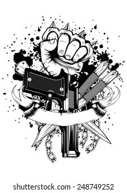 Vector illustration hand with knuckledusters pistols knifes