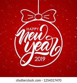 Vector illustration. Hand lettering composition of Happy New Year 2019 in Christmas Ball on red snowflakes background.