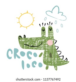 vector illustration with hand lettering croco loc text, loco is translated from Spanish as crazy