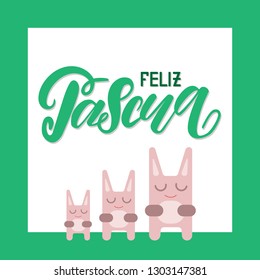 Vector illustration - hand lettering "Happy easter" in spanish with green frame and pink easter bunny, Feliz Pascua