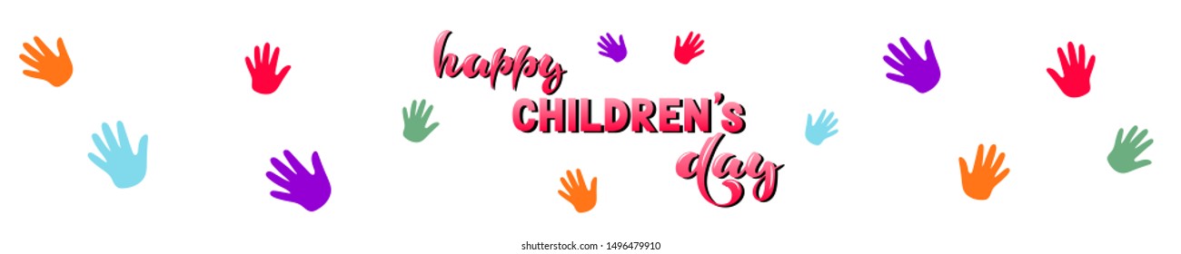 Vector illustration with hand lettering - Happy childrens day. Red glossy text on a white background with multi-colored childrens hands. Congratulation. Holiday. Long banner for web site