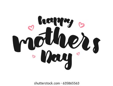 Vector illustration: Hand lettering of Happy Mother's Day with hand drawn pink hearts on white background.