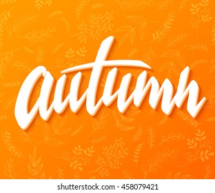 vector illustration of hand lettering label - autumn - with doodle branches and leaves.