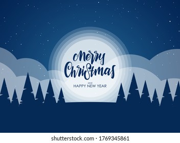 Ilustración del vector: Grabado a mano de Feliz Navidad en el fondo azul de invierno de la noche.